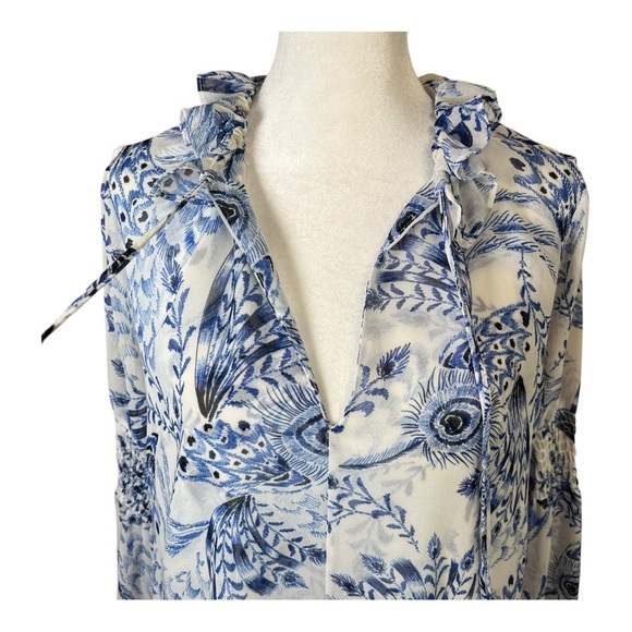 MISA Los Angeles Blue Feather Chiffon Tie-Front Boho Peasant Blouse Dressy Sz S - Picture 6 of 12